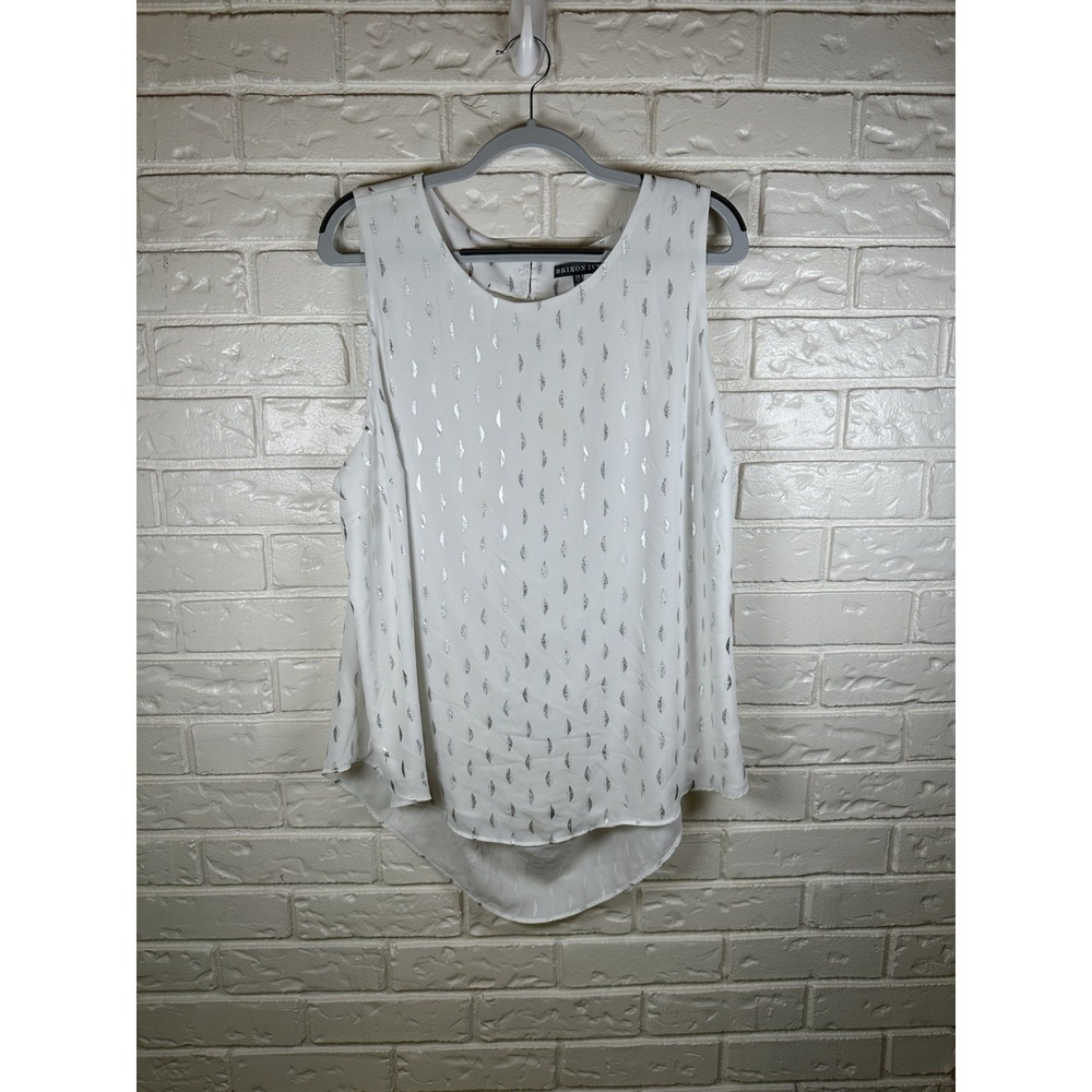 Brixon Ivy 3X White Silver Metallic‎ Print Sleeveless Open Back Blouse Plus Size